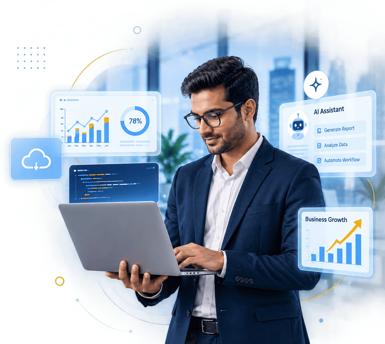 Apex Solutions consultant working on a laptop with analytics dashboards